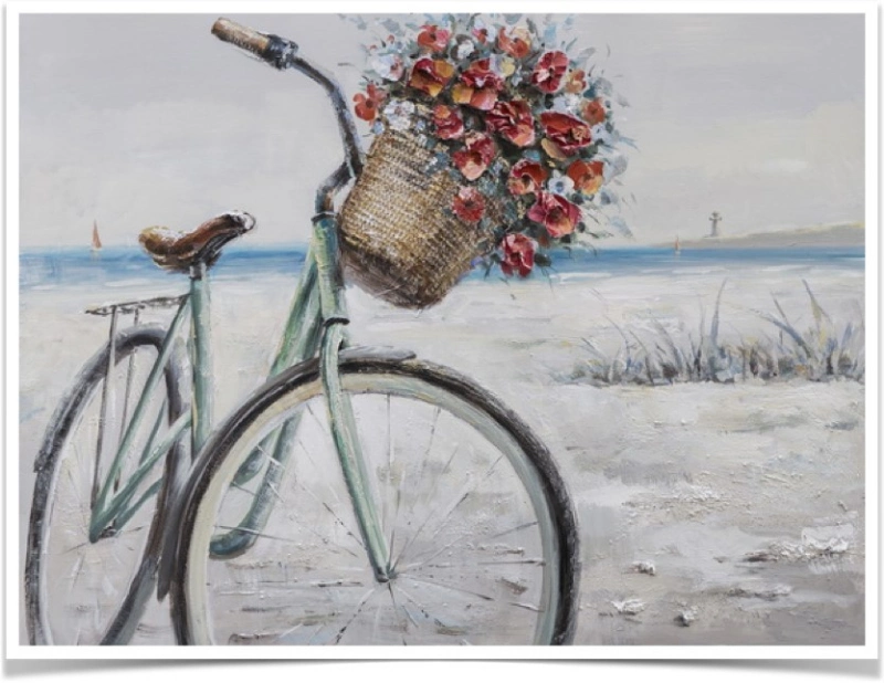 Botanical Flowers in Bicycle Basket Canvas Oil Painting Art Decor