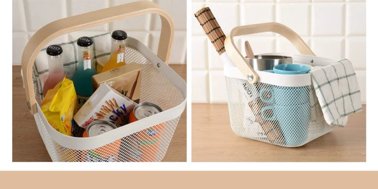 Portable Metal Mesh Baskets Fruit Holder with Wood Handle Wire Nesting Baskets