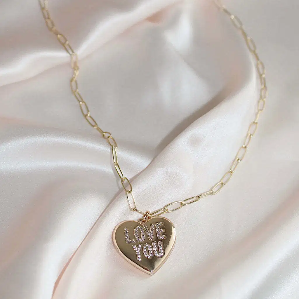 Fashion Romantic Gold Plated Brass Paper Clip Chain Diamond Zircon Love You Heart Photo Frame Open Locket Pendant Necklace