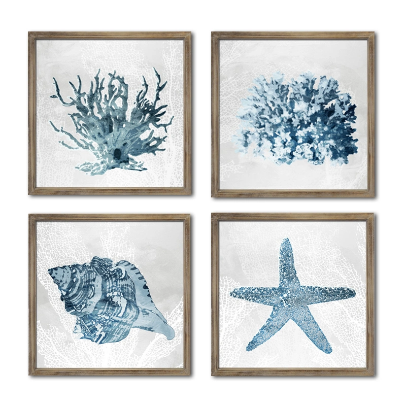 Blue Starfish Marine Life Woodblock Print Decorative Painting Wooden Art Wall Painting