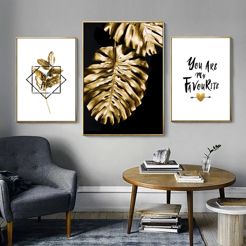 3 Panels Floating Frame Wall Art Home Decor Golden Leaves Canvas Painting Wall Art