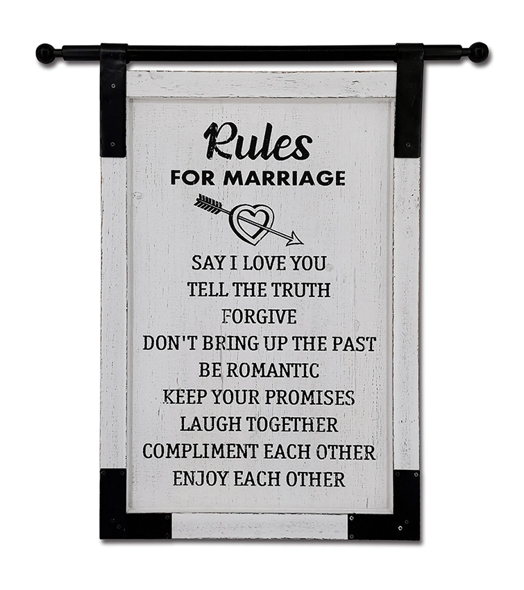 Marriage Rules Vintage White Wooden Finish with Black Iron Wall Sign