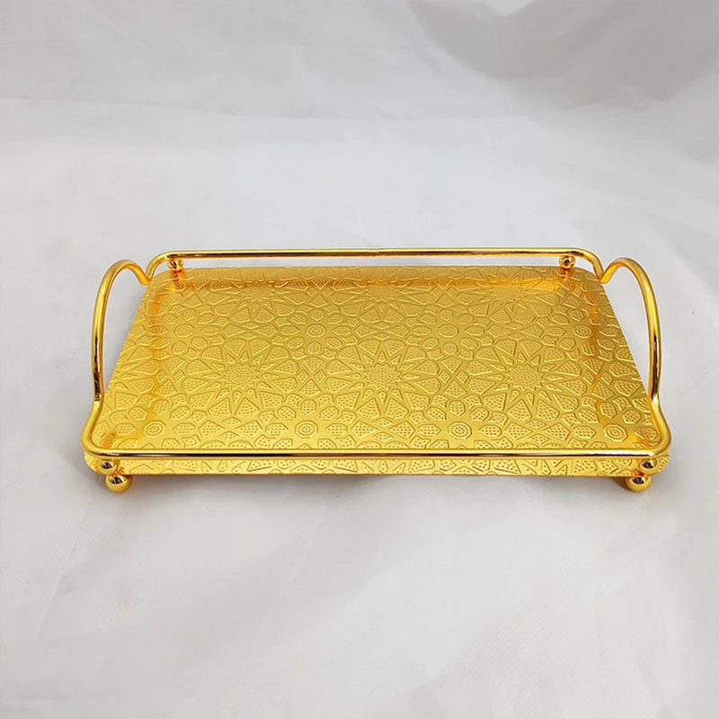 Rectangular Golden Fruit Basket with Mirror Glass Decorative Tray with Handle