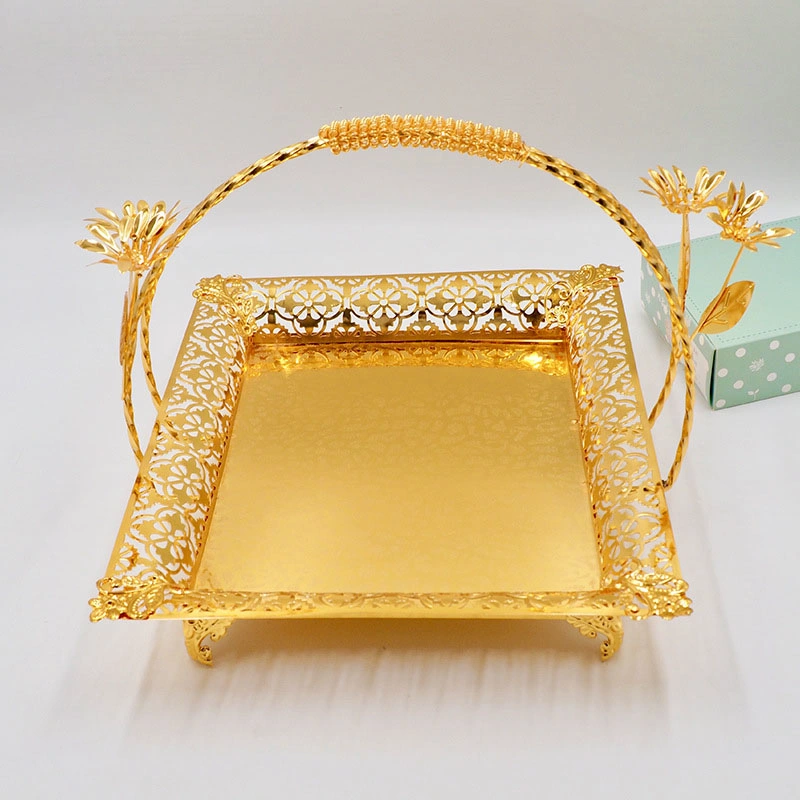 Rectangular Golden Fruit Basket with Mirror Glass Decorative Tray with Handle