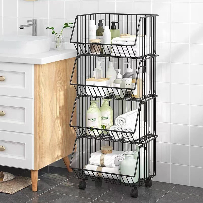 1/2/3/4/5 Layers Mobile Rotating Storage Rack Vegetable and Fruit Carbon Steel Kitchen Trolley Storage Vegetable Basket