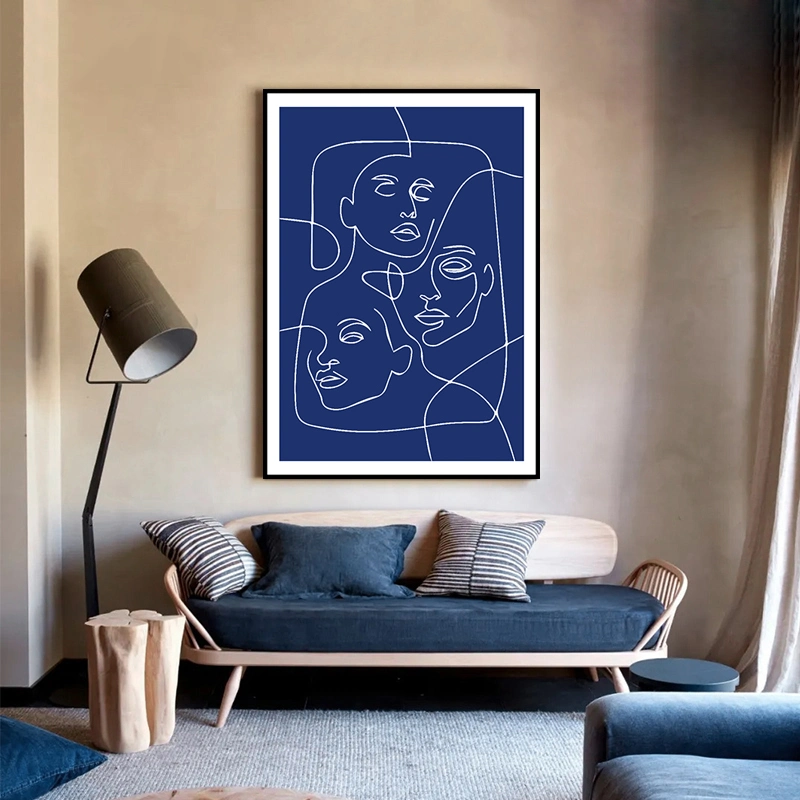 Modern Painting Line Art Blue Character Sketch Artwork Home Wall Decor for Living Room