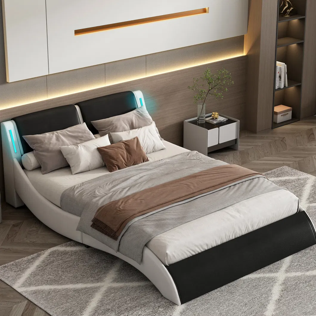 Willsoon Low-Profile Platform Bed Frame Modern Design Queen/Full Size Wave-Like Upholstered Leather Bed LED Light Wooden Frame