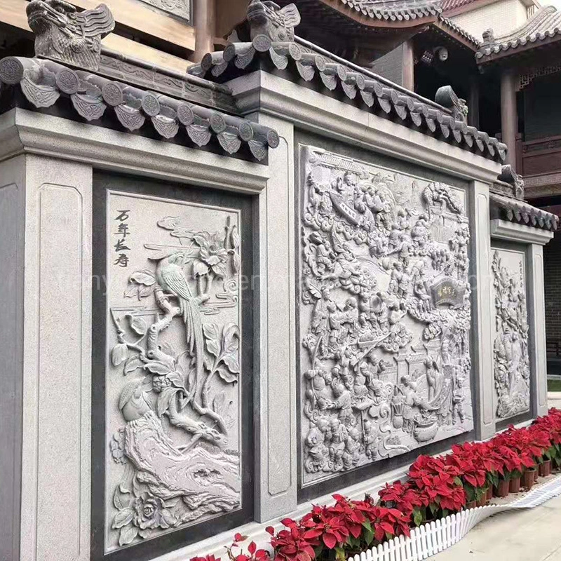 Hand Carved Temple Outdoor Decoration Natural Green Granite Marble Stone Wall Relief Carvings Decorative Design Sculptures