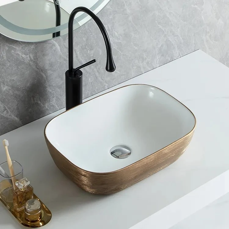 Luxury Sanitary Ware Table Top White Decorated Wash Gold Washbasin Art Bathroom Sink Ceramic Golden Basin