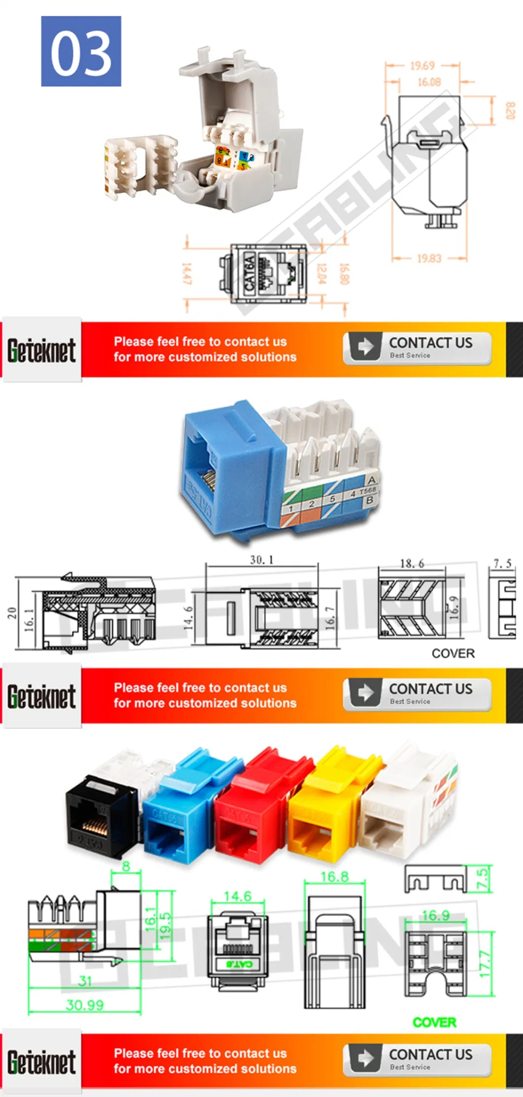 Gcabling 180 Degree Toolless CAT6 CAT6A 10g FTP 8p8c Female Connector Keystone Jack