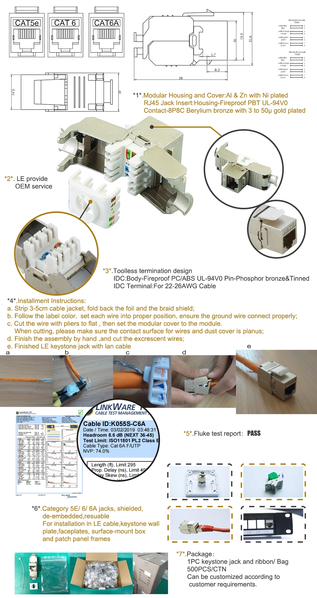 K055s CAT6 CAT6A Cat7 FTP Tool Free Keystone Jack