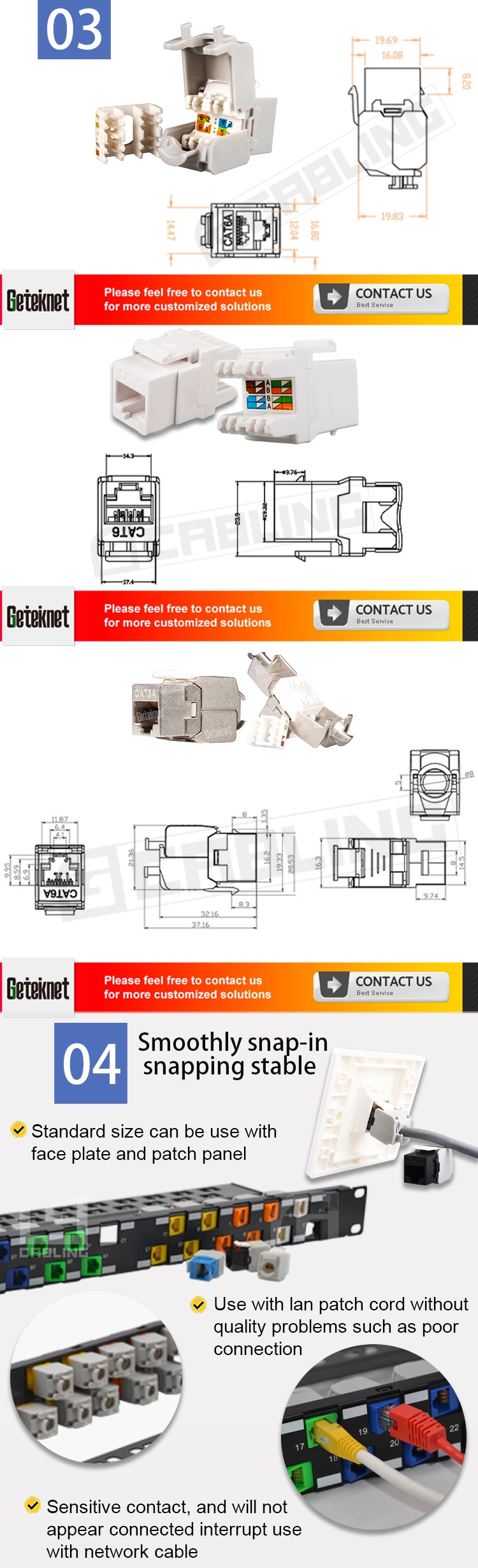 Gcabling 8p8c Cat5e 6 6A FTP UTP RJ45 Ethernet Modula Networking Coupler CAT6 Toolless Jack 90 180 Degree RJ45 Jack