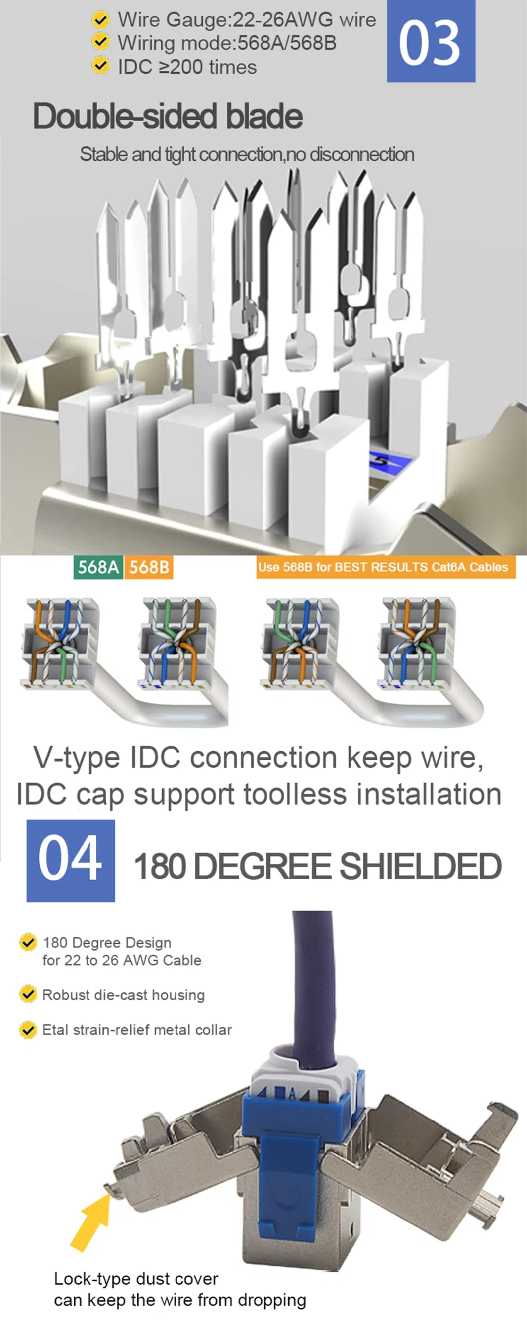 Gcabling Cat7 Cat8RJ45 Keystone Jack FTP 8p8c Toolless Shield Network Modular Toolless FTP Cat7 Cat8 RJ45 Keystone Jack