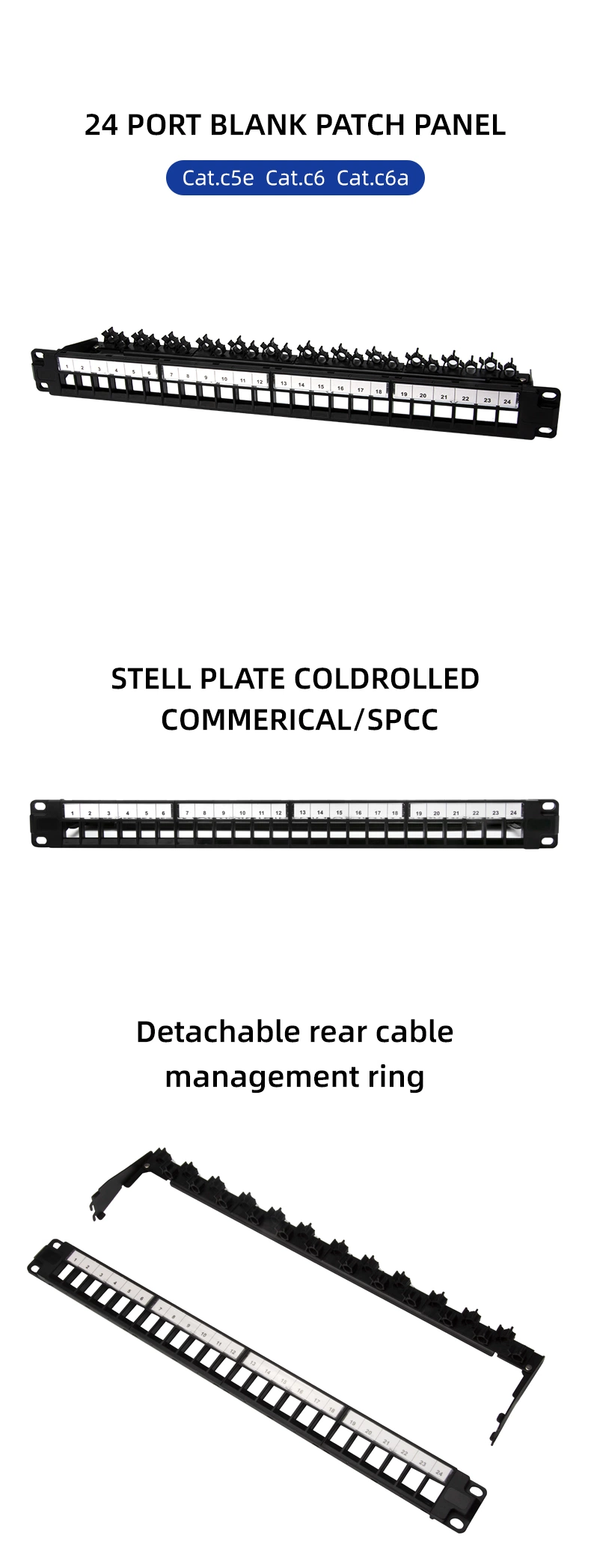 UTP 24 Port Blank Patch Panel with Back Bar All Standard Keystone Jack