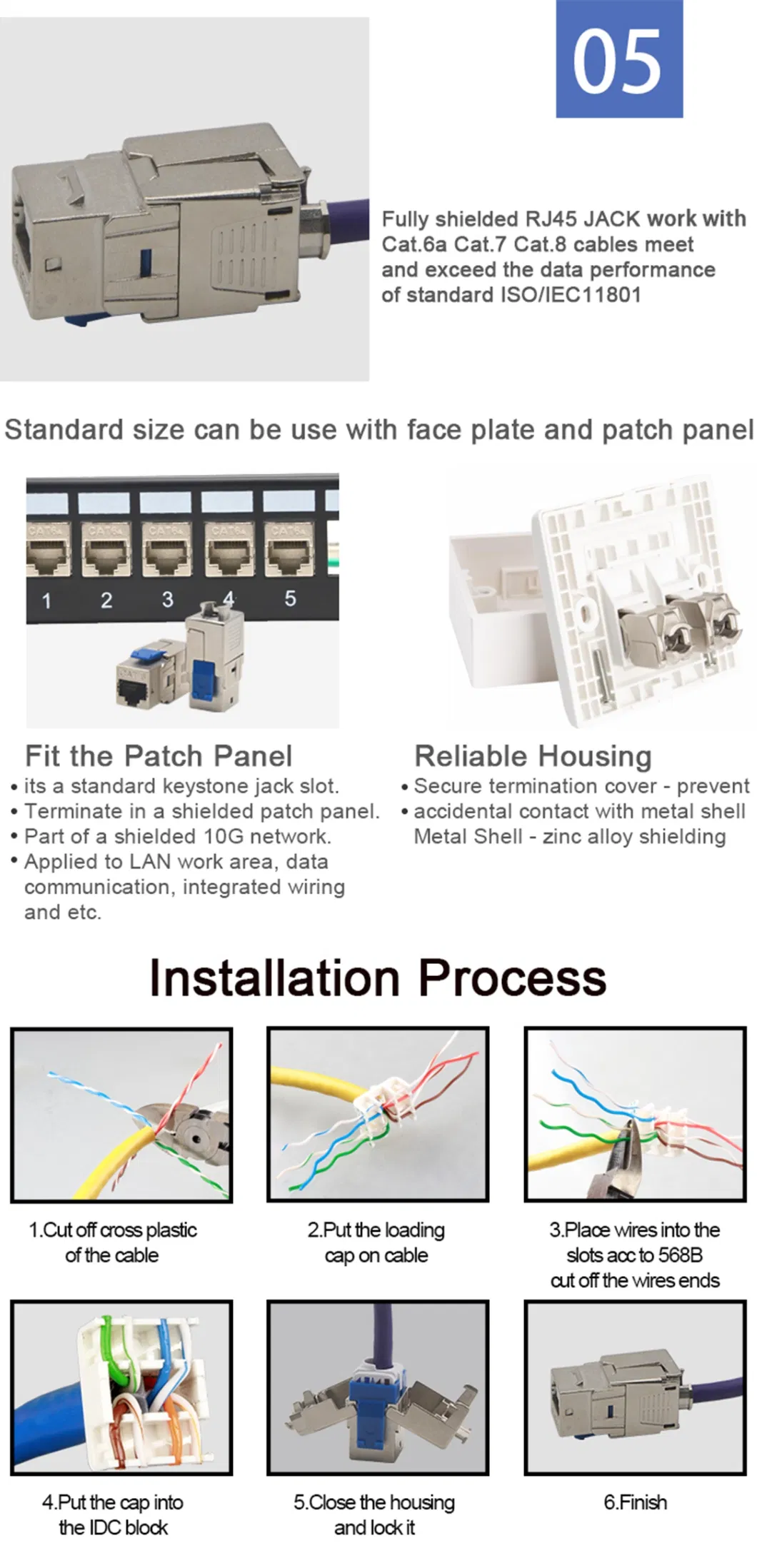 Gcabling Cat7 Cat8RJ45 Keystone Jack FTP 8p8c Toolless Shield Network Modular Toolless FTP Cat7 Cat8 RJ45 Keystone Jack