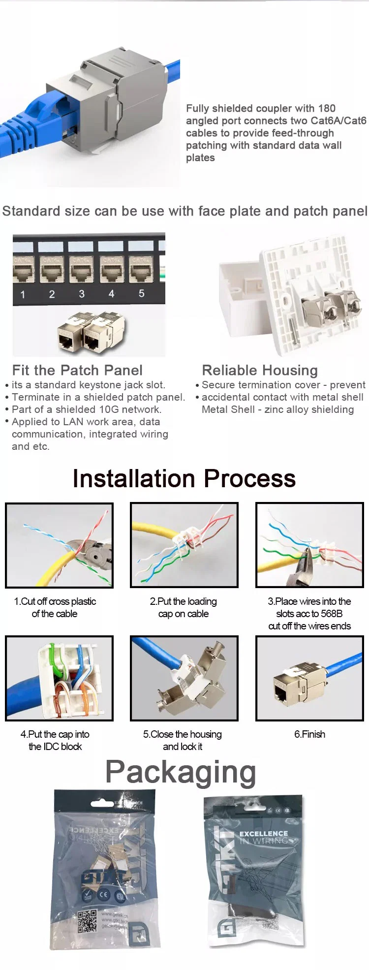 Factory Price 3m Type RJ45 Keystone Jack Module FTP Shielded 8p8c CAT6A RJ45 Network Module