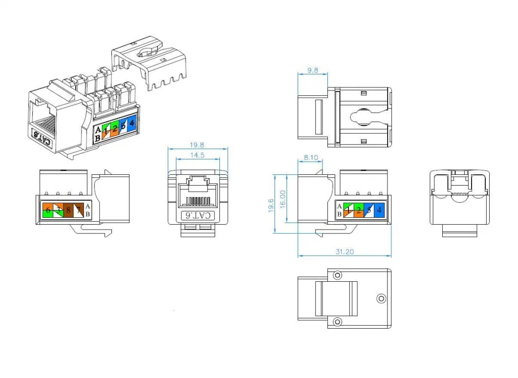 Hot Selling Networking T568b RJ45 8p8c 90 Degree CAT6 UTP Punch Down Keystone Jack Cat5e CAT6 Modular Jack