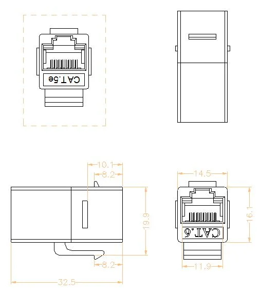 RJ45 Inline Coupler Keystone Jack, OEM Trademark, China Origin, Cat. 6 UTP