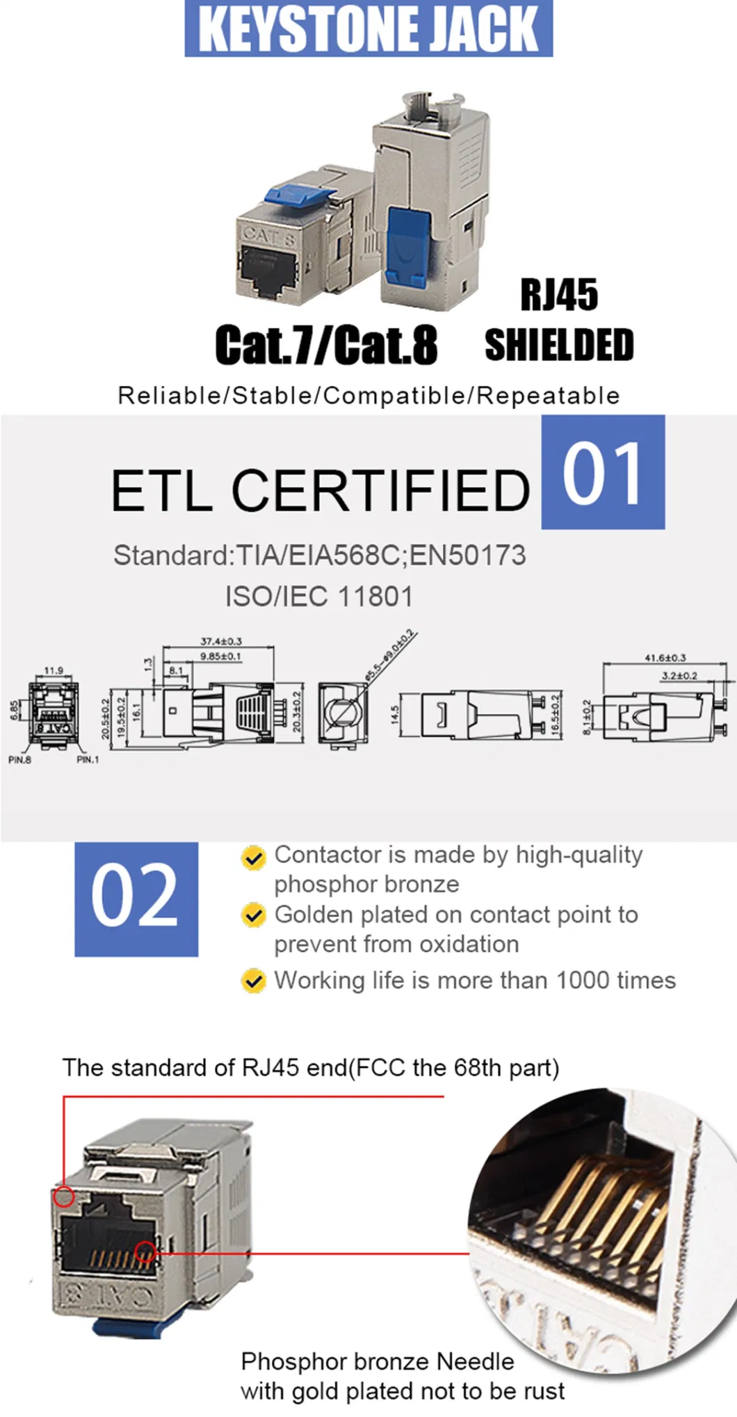 Gcabling Cat7 Cat8RJ45 Keystone Jack FTP 8p8c Toolless Shield Network Modular Toolless FTP Cat7 Cat8 RJ45 Keystone Jack