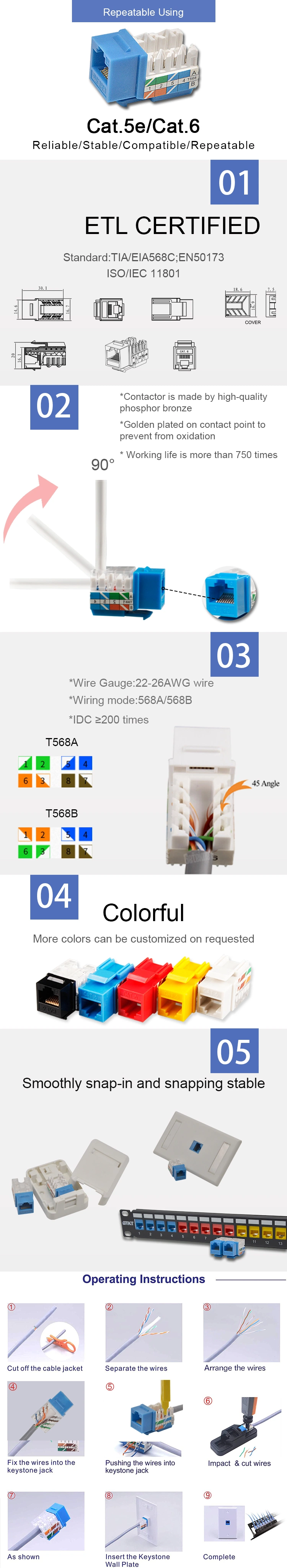 Gcabling Keystone RJ45 Connector 8p8c CAT6 CAT6A RJ45 Keystone Jack UTP Modular Jack