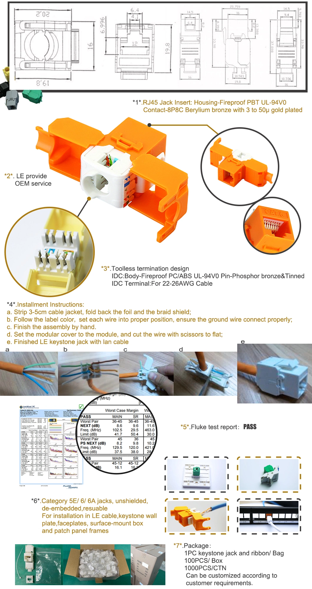 Le CAT6 RJ45 UTP Toolless Keystone Jack for Network