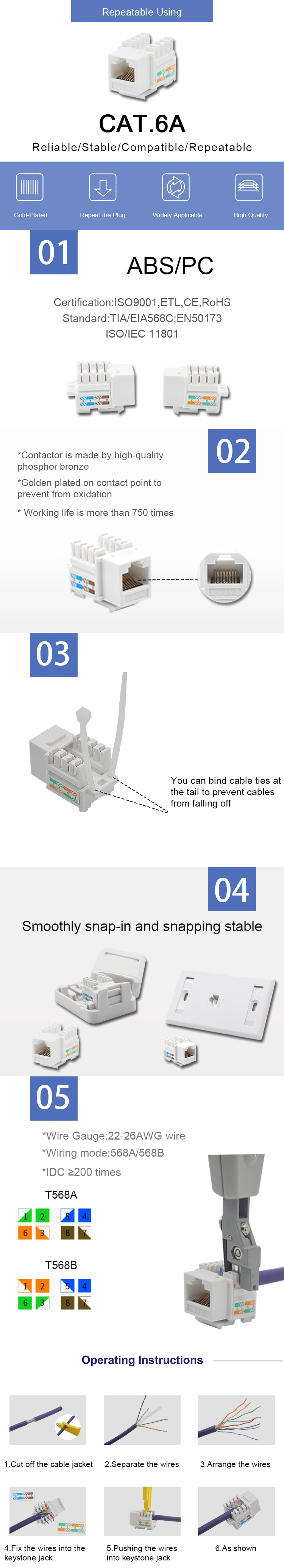 Gcabling Cat5e CAT6 CAT6A RJ45 Keystone Jack UTP 8p8c Networking Modular Shield Jack