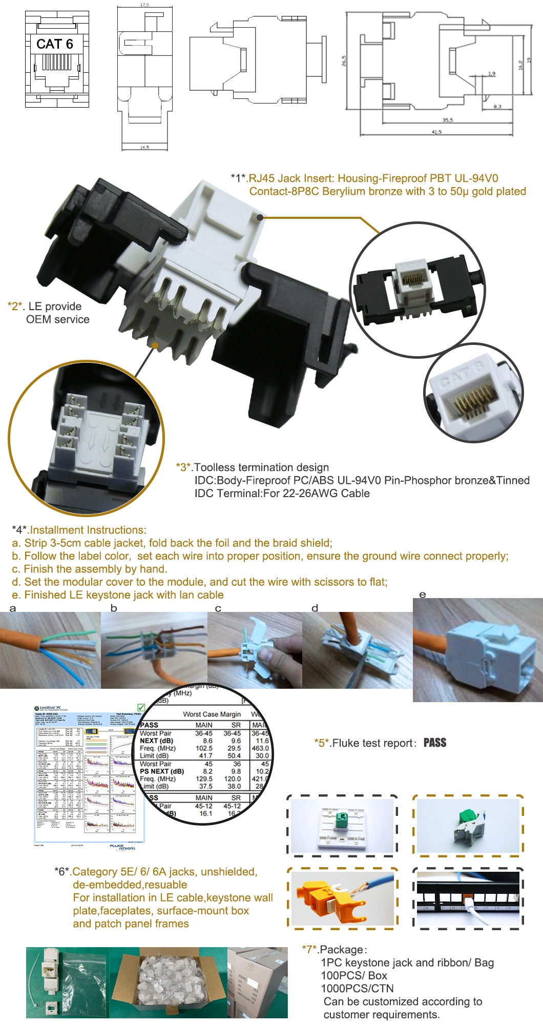 Le Cat5e &amp; CAT6 UTP Toolless 180 RJ45 Keystone Jack