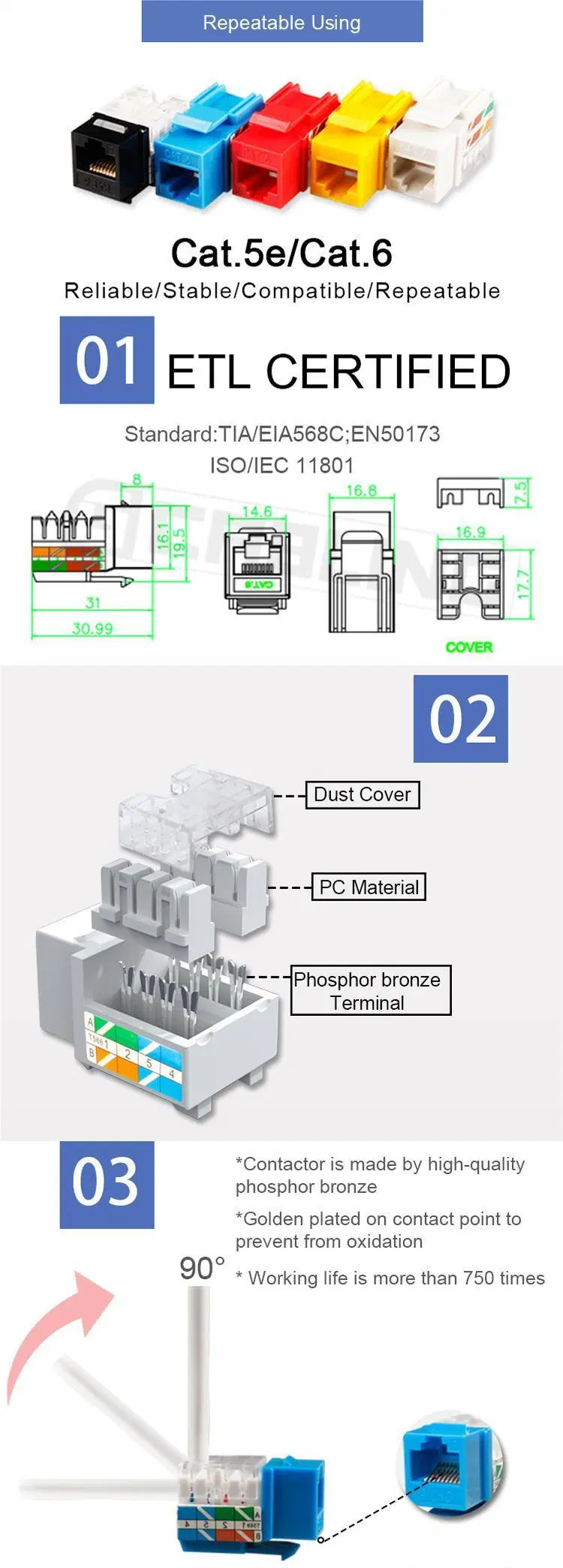 Gcabling Communication Ethernet Networking connector RJ45 User for 22-26AWG Wire UTP Unshielded CAT6 Keystones Coupler Packs Keystone Jack