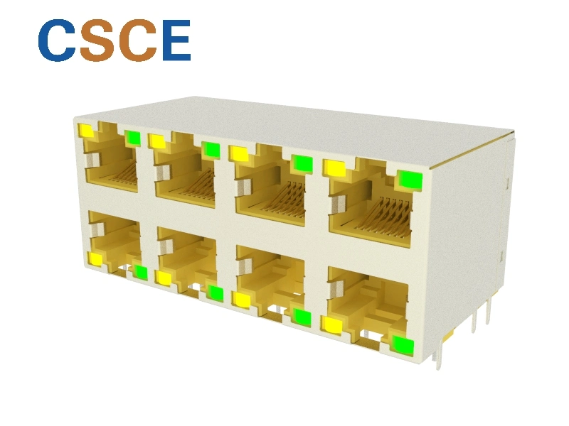 2X4 Ports 8p Stacked RJ45 PCB Connector LAN Socket with LED