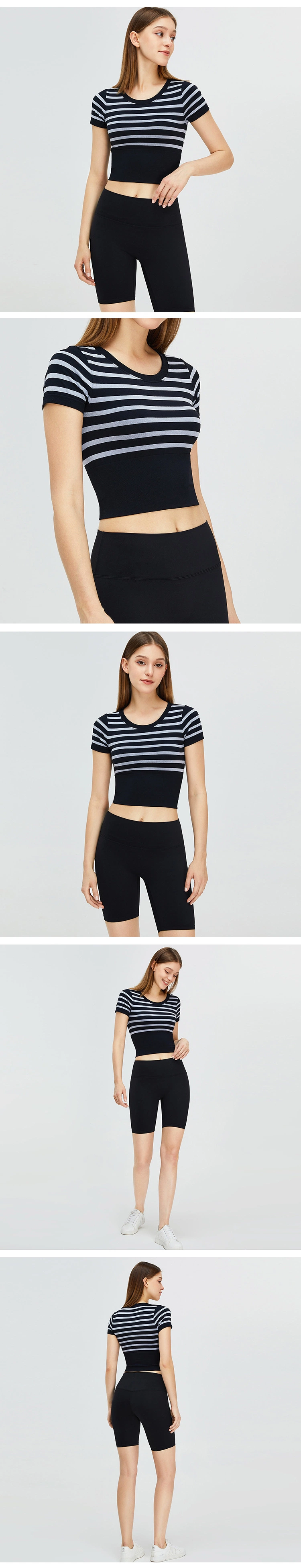 Wholesale Factory Sports Gym Wear Seamless Color Block Stripe Yoga Top T-Shirt Tight Sports Fitness Top Casual Wear Short Sleeve Yoga Crop Top Baby Tee