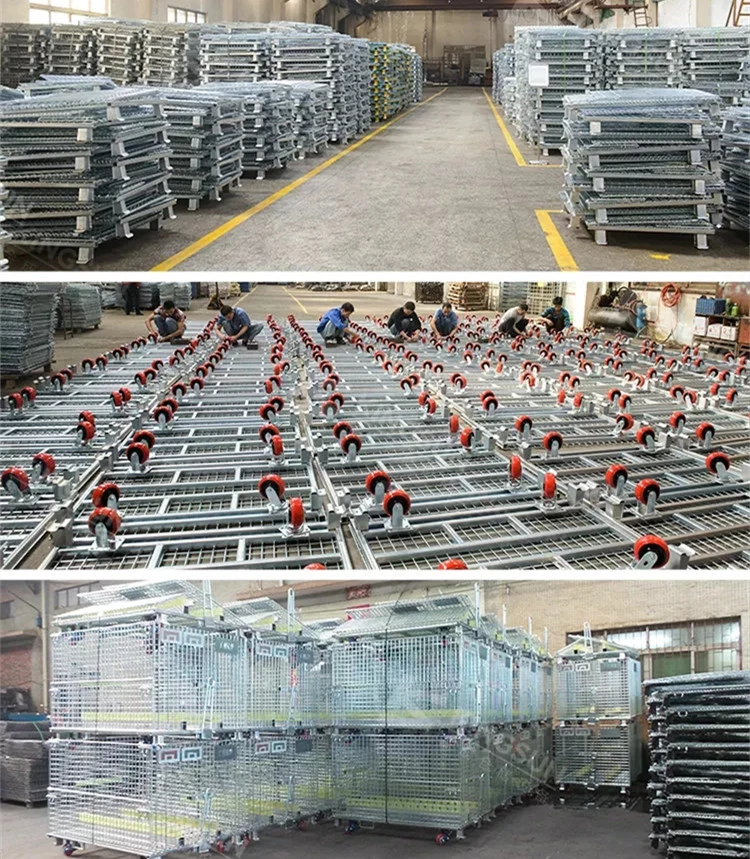 Industrial Galvanized Wire Mesh Steel Container Folding Storage Cage with Wheels