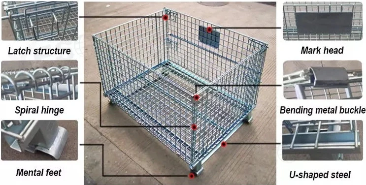 Industrial Galvanized Wire Mesh Steel Container Folding Storage Cage with Wheels