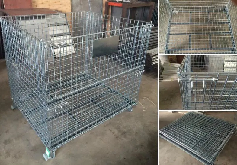 Industrial Galvanized Wire Mesh Steel Container Folding Storage Cage with Wheels