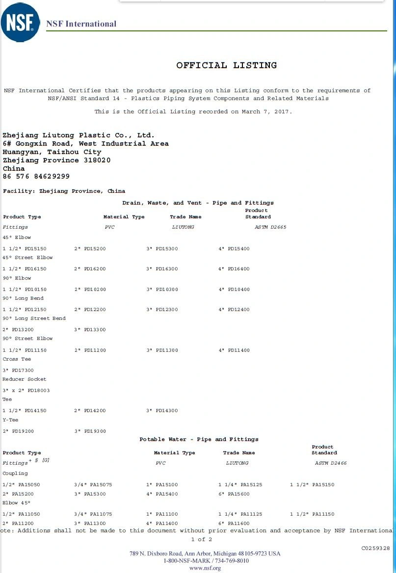 ASTM D2665 Standard for Dwv Drain Water PVC Equal Tee with NSF Certificate