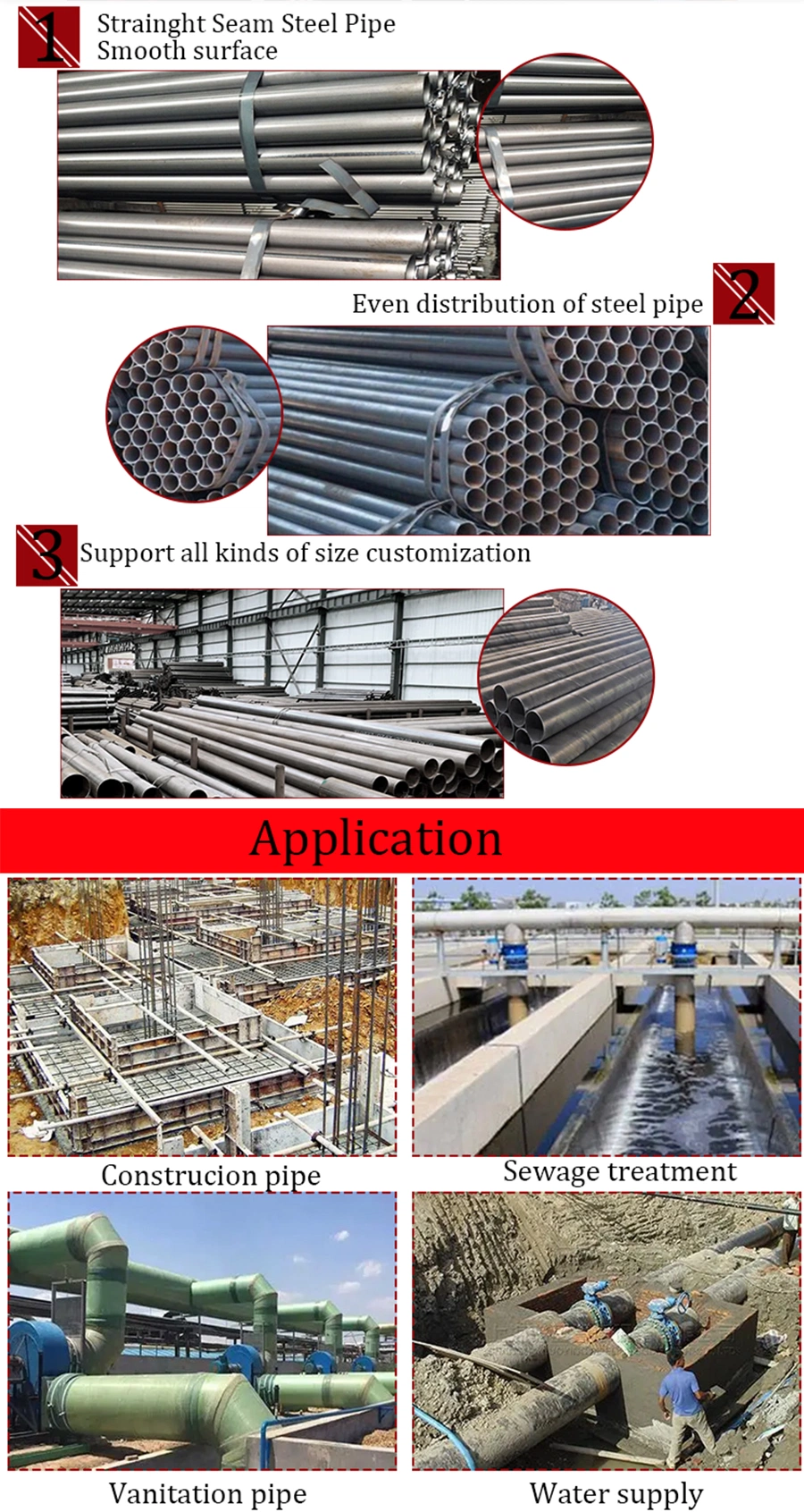 China Factory Supply ASTM A53 Grade B Mild Carbon Steel Straight Seam Tube ERW Welded Black Iron Steel Round Hollow Pipe