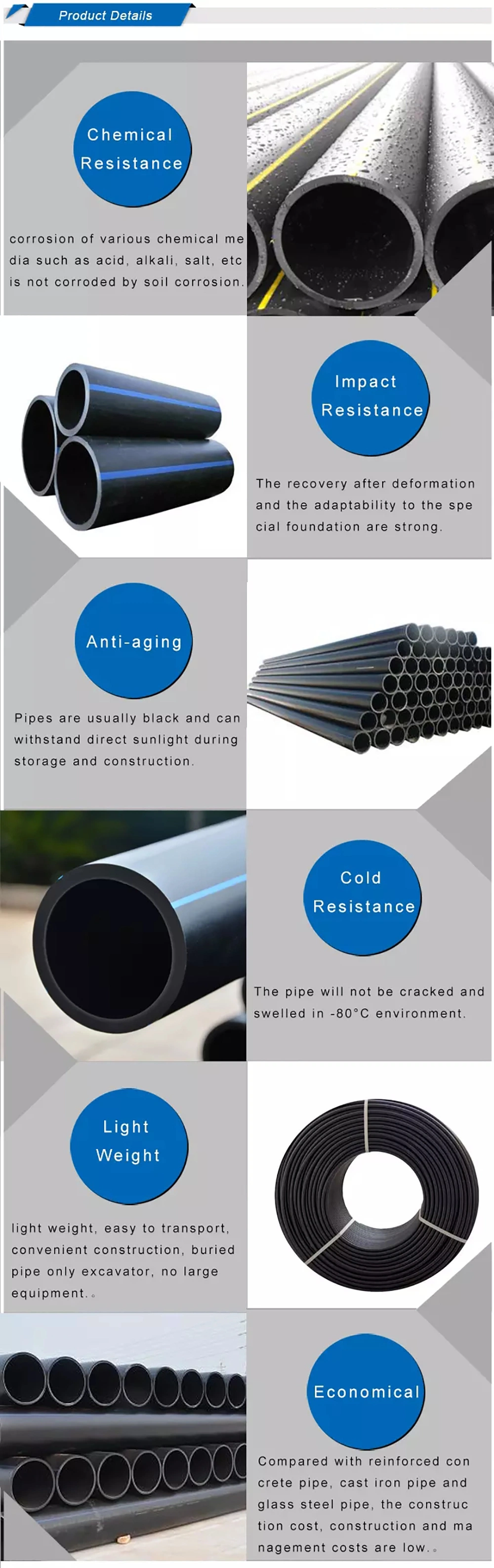 China&prime;s Top Manufacturer Water Supply Plastic Water Pipe Black HDPE/PE/Irrigation/Drainage Drainage Pipe