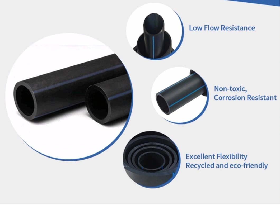 Durable Polyethylene Pipe for Farm Irrigation, Black with Blue Strip, Pn6-Pn20, Hollow