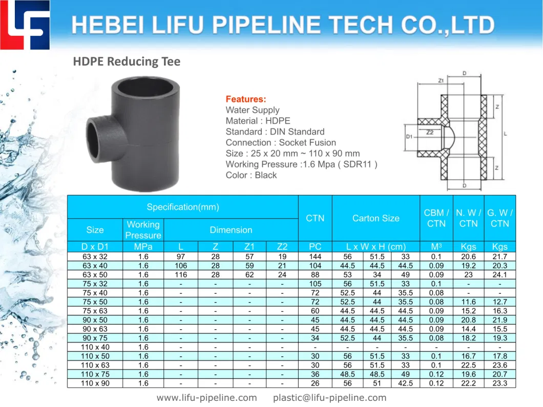 High Quality Water Supply SDR11 DIN Standard Plastic Pipe Fitting PE Pipe Fittings Reducing Tee HDPE Socket Fusion Pipe Fitting