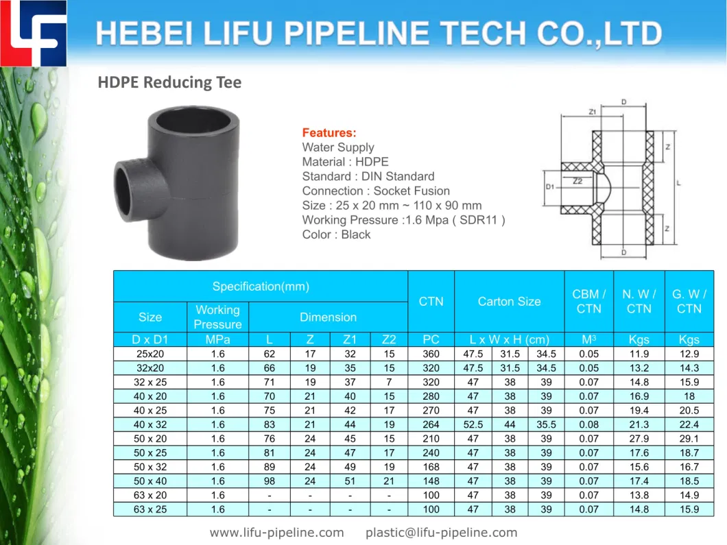 High Quality Water Supply SDR11 DIN Standard Plastic Pipe Fitting PE Pipe Fittings Reducing Tee HDPE Socket Fusion Pipe Fitting