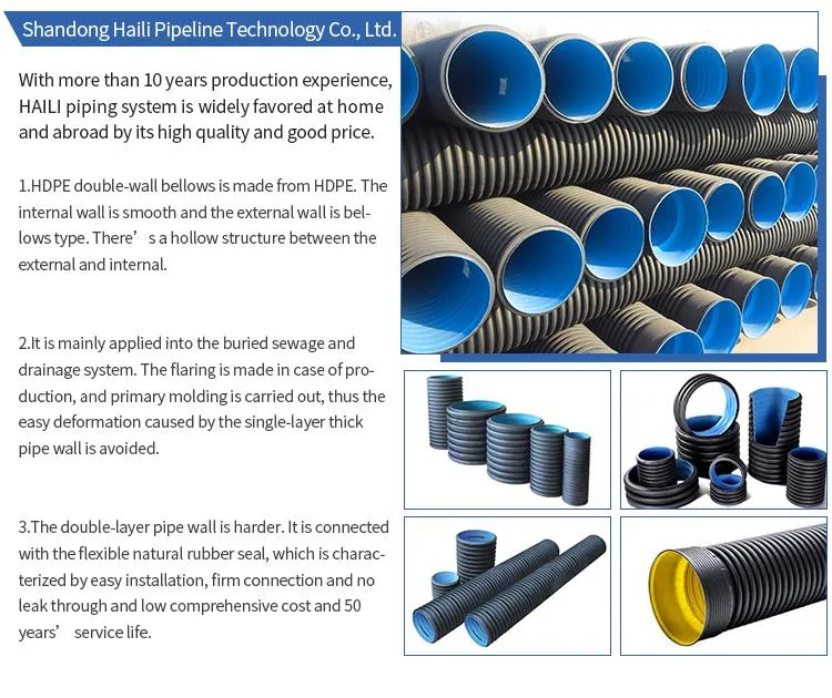 HDPE Double-Wall Bellows 0.6MPa 0.8MPa Corrugated Plastic Drainage Pipe