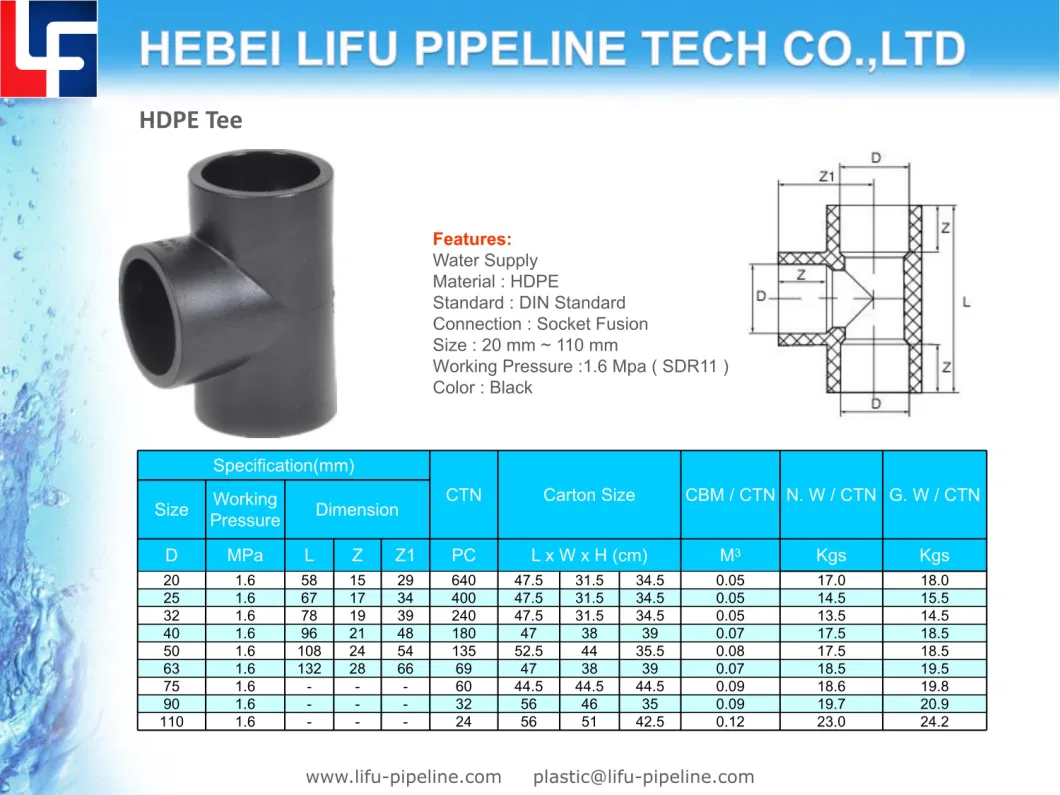 High Quality Water Supply DIN Standard SDR11 Plastic Irrigation Pipe Fitting PE Pipe Fitting HDPE Socket Fusion Tee Pipe Fitting