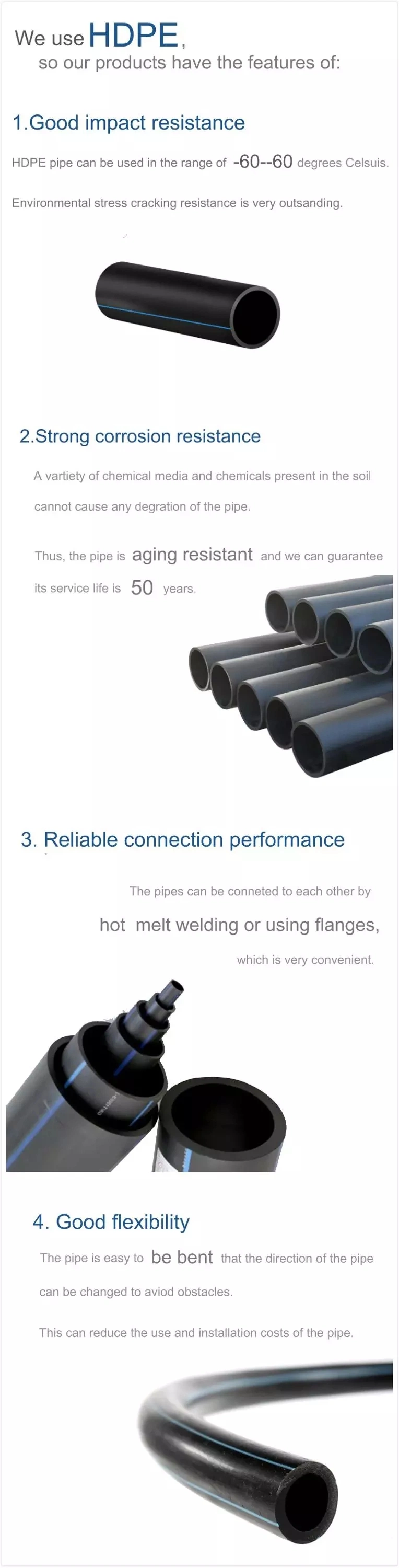 Jubo HDPE Blowdown Pipe Polyethylene Water Pipe Flexible Plastic Pipe