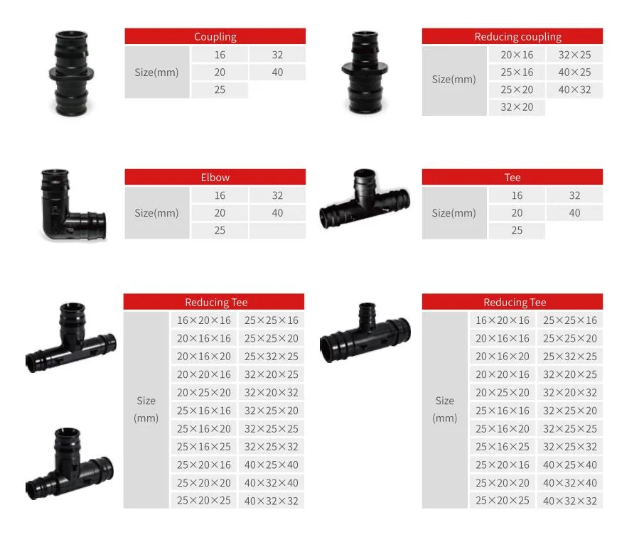 Black Plastic Expansion Union Elbow Tee 16mm-40mm Pexa Pipe Fittings