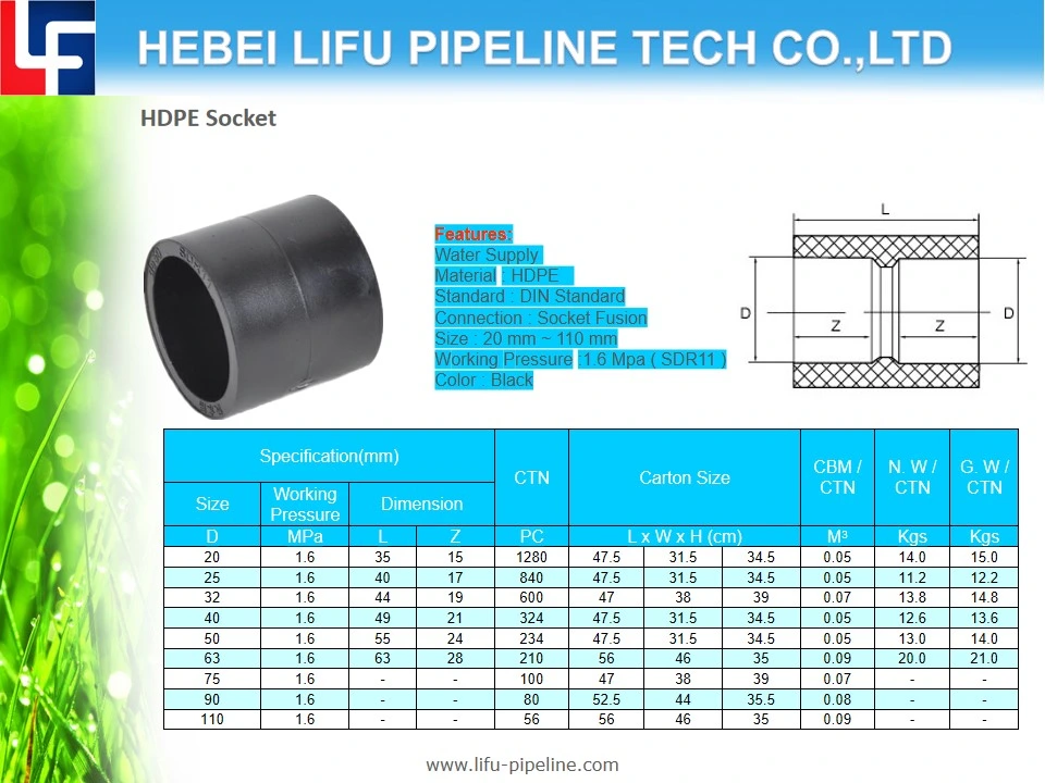 High-Quality Plastic Pipe Fitting for Water Supply PE Plumbing Pipe and Fittings HDPE Socket Fusion Pipe Fitting (SDR11) DIN Standard