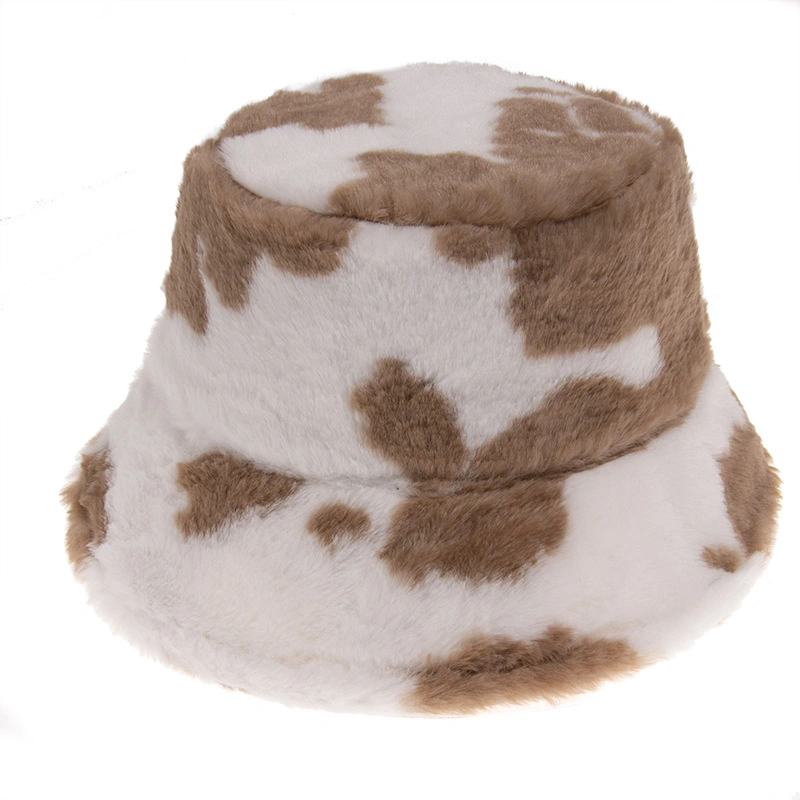 New Style Winter Warm Custom Fur Fuzzy Cows Printing Bucket Hat Women Hat