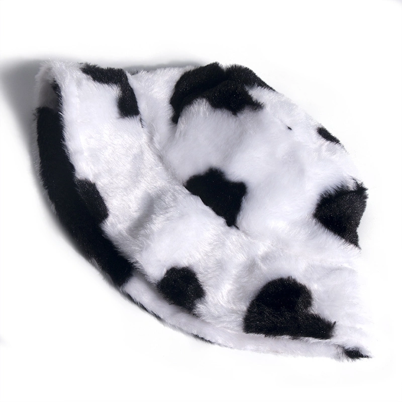 New Style Winter Warm Custom Fur Fuzzy Cows Printing Bucket Hat Women Hat