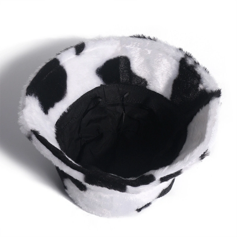 New Style Winter Warm Custom Fur Fuzzy Cows Printing Bucket Hat Women Hat