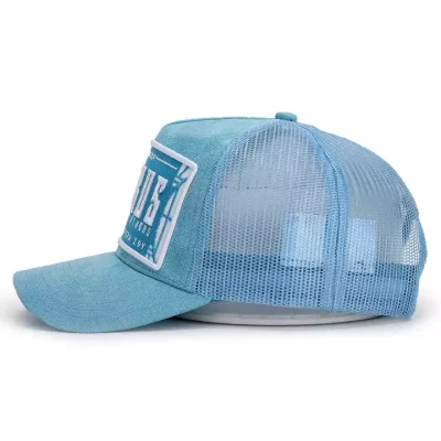 OEM Custom Fashion 5 Panel hohe Qualität Plain Blau gekrümmt Krempe 3D Stickerei Logo Mesh Snap Back Wildleder Gorras Trucker Kappe