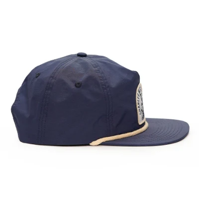 Custom 5 Panel Woven Patch Logo Unstrukturiert Navy Blue Snapback Hüte mit Rope Nylon Caps
