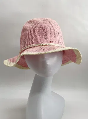 Papierseil Handgefertigte Feine Häkelsommer Hut Rosa Weiß Patchwork Farbe Damen′ S Stroh Hut Schatten atmungsaktiv Pink